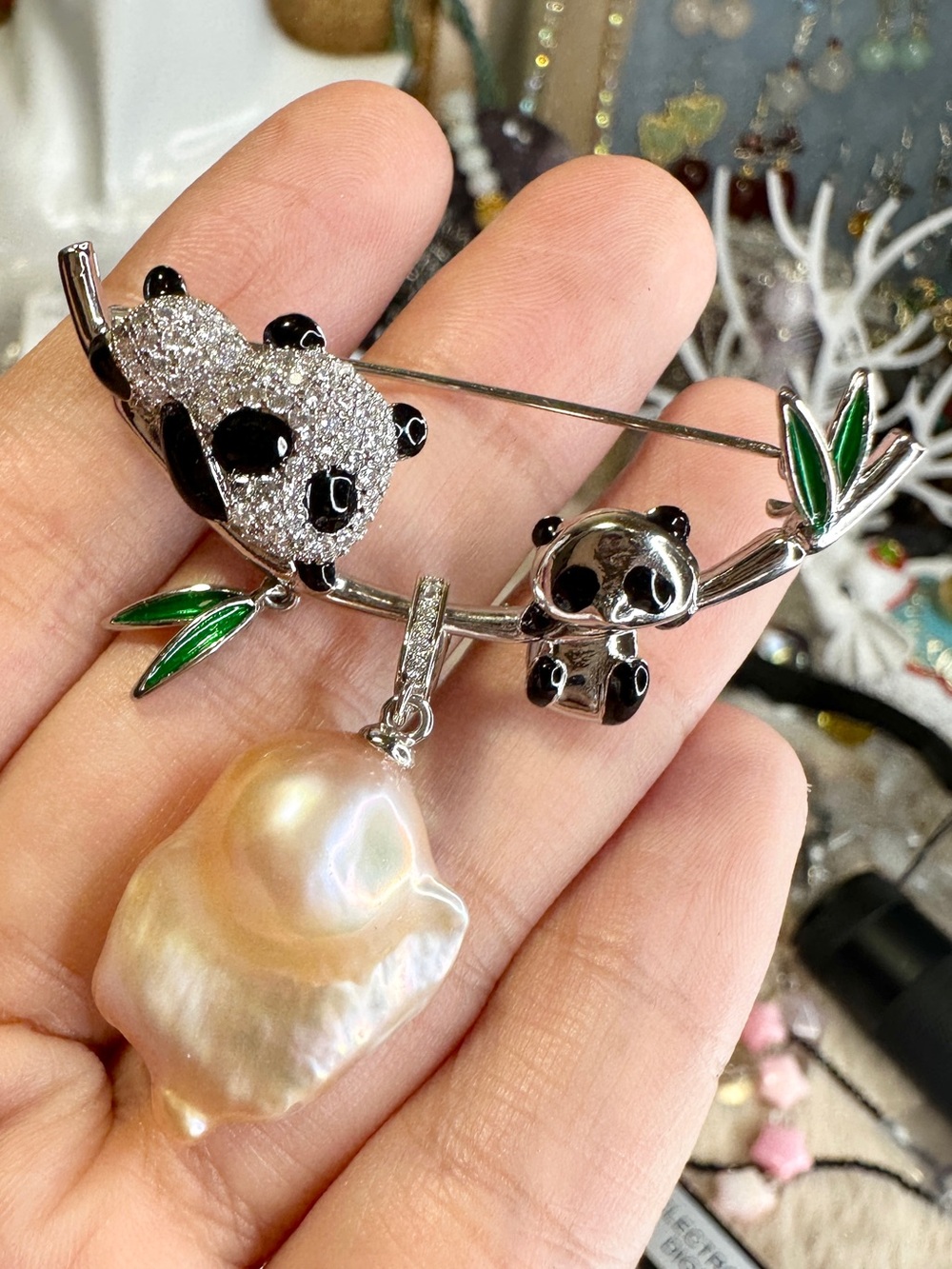 Genuine Freshwater Pearl Cream Flameball Pendant Panda Brooch